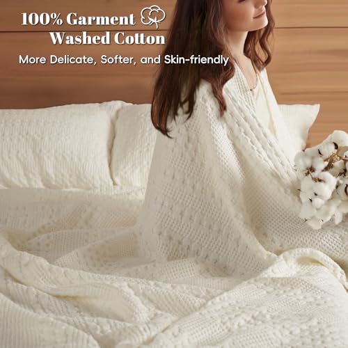 Image of PHF 100% Cotton Waffle Blanket Oversized King 120 inchx120 inch, Lightweight Breathable Extra Large 10'x10' Blankets for Bed, Giant Big Luxury Aesthetic Woven Bedding for Home Decor, Ivory