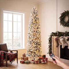OasisCraft 9ft Flocked Pencil Christmas Tree with Remote