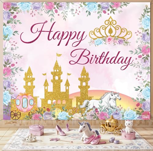 Image of Party Propz Princess Theme Birthday Decoration Items for Girls, 2pcs Backdrop 5x4 ft with Ribbon, Princess Decoration for Birthday Girls, Bday Decorations Kit & Items for Baby Girl (Cloth Banner)