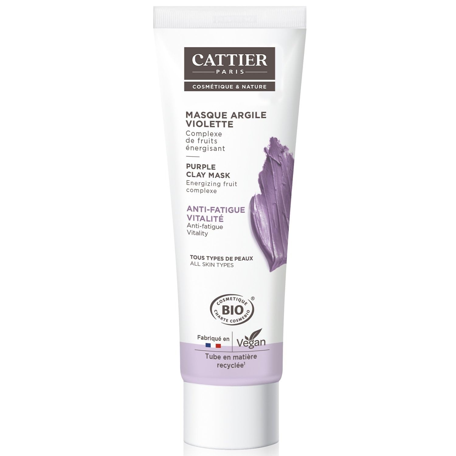 CATTIER – Masque Visage Anti-Fatigue pour Toutes Peaux, Argile Violette Bio Révitalisante (Tube 100mL) - lot de 3 - Vendu par Lot