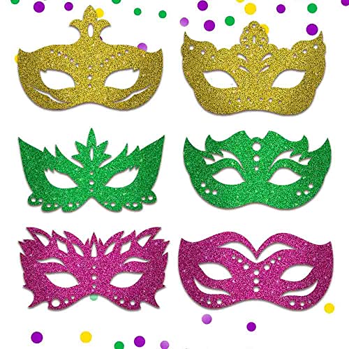 Mardi Gras Masks Paper Masks, Carnival Parade Face Masks Green Yellow Purple Glitter Masquerade Party New Orleans Novelty Masks Fantasy for Boy Girls Costume Party Favors Wedding Props,12PCS