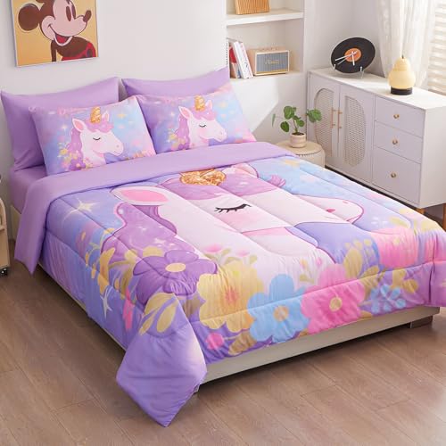 Image of Queen Comforter Set for Girls 7 Piece Purple Unicorn Bedding Set for Girls Super Soft Microfiber Bed Set Bed in a Bag with Comforter Sheets Pillowcase & Sham