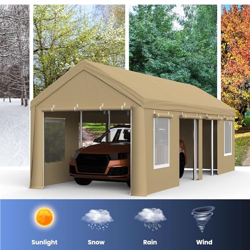 13x25ft Carport, Heavy Duty Carport with Reinforced Steel Poles, Upgraded Portable Garage with Doors & Window, UV Resistant All-Season Waterproof Tarp, for Car, Truck, Boat (Yellow)