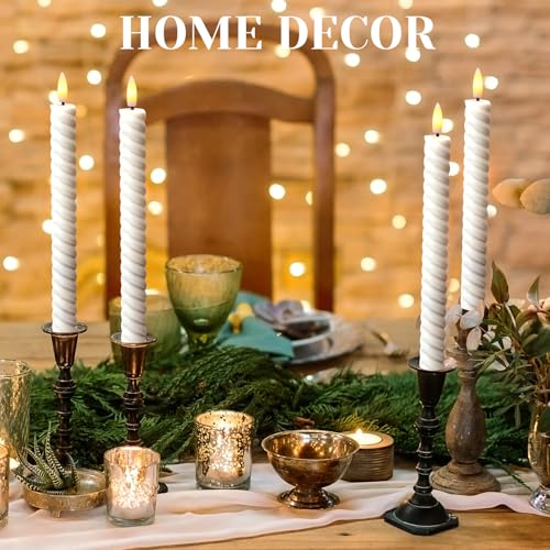 Image of Tuanse 24 Pcs 10 Inch Flameless Twisted Taper Candles LED Flickering Battery Operated Candles Electric Warm Light Candlesticks for Wedding Birthday Party Home Dinner Decor(White)