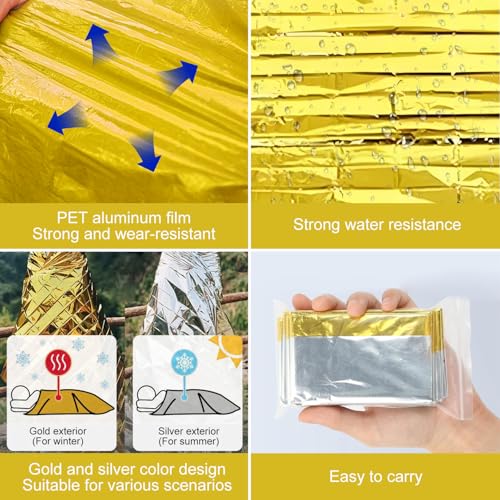 iwontalersy 3 Pièces Couverture de Survie,Couvertures Thermiques d'urgence Indéchirable & Imperméable,pour l'extérieur,Randonnée,Survie,Or/Argent 160 x 210cm – Image 4