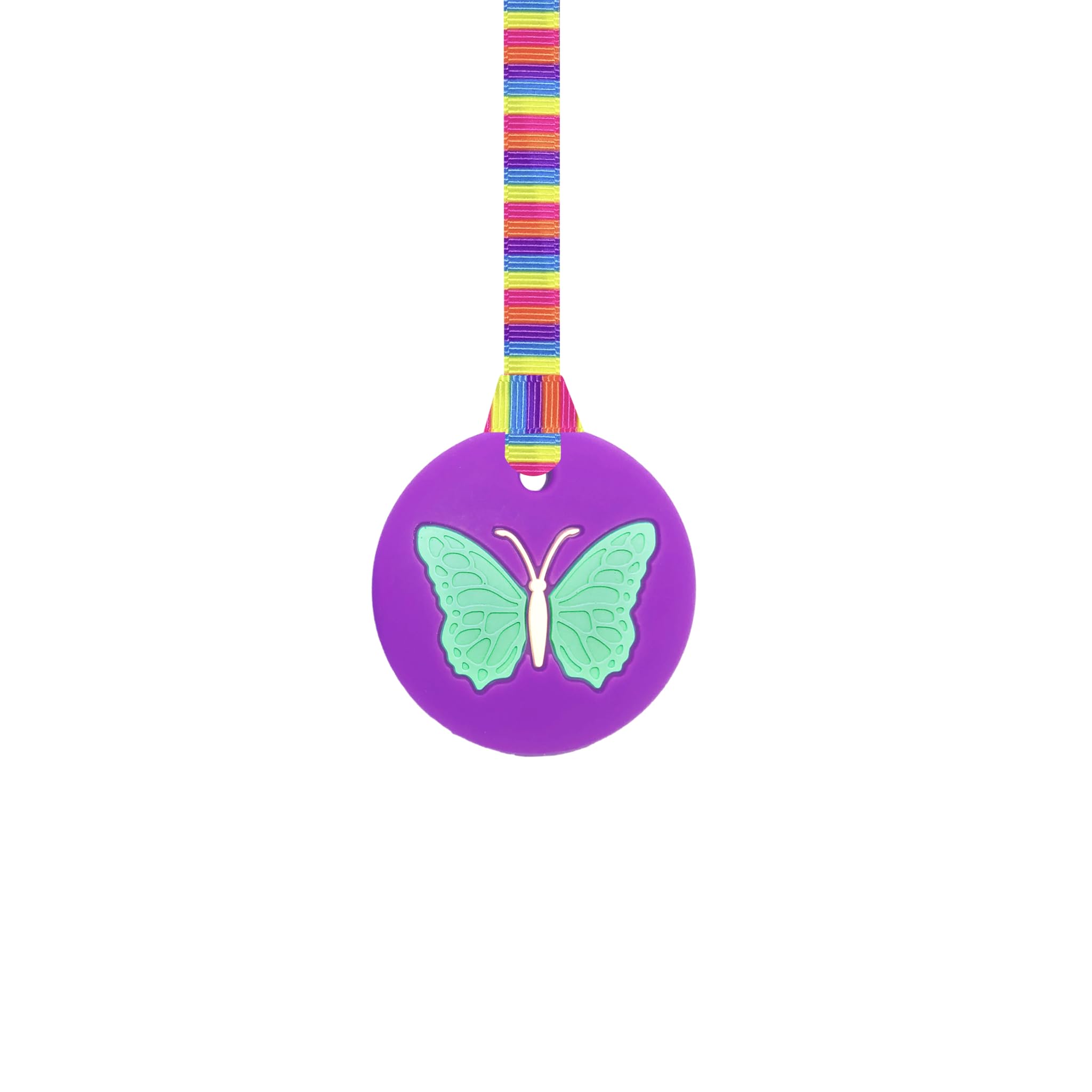 Butterfly Chew Necklace with Lanyard - Purple - Sensory Chew for Kids with Autism, Anxiety & ADHD – 100% Food Grade Silicone - Sensory Oojamabobs (8 Designs Available) (Pink Stripes, 54cm Lanyard)
