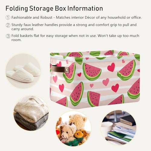 Image of Aslsiy Storage Basket Cute Watermelon Slice Nursery Bins Stripe Baby Box Canvas Clothes Shelf Basket Laundry Hamper Gift Basket for Home Closet 2 Pcs