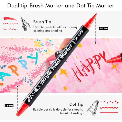 Image of Shuttle Art 36 Colors Dual Tip Acrylic Paint Markers, Brush Tip and Dot Tip Acrylic Paint Pens for Rock Painting, Ceramic, Wood, Canvas, Plastic, Glass, Stone, Calligraphy, Card, DIY Football Crafts