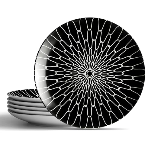 AYFDISHS 10-Inch Dinner Plates Set of 6, Black and White Grid Ceramic Plates, Large Checkerboard Design for Main Course, Restaurant-Style, Microwave & Oven Safe
