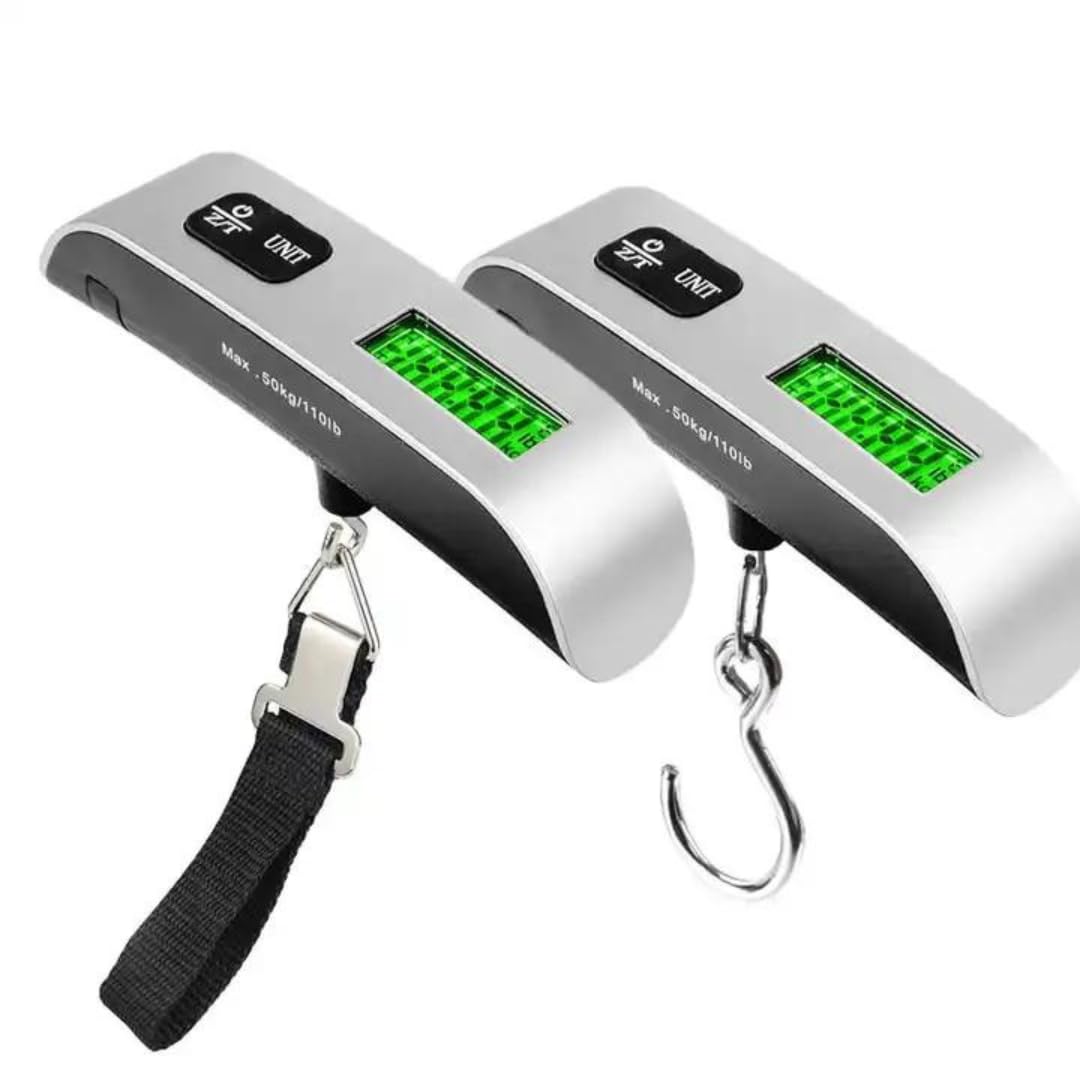 (Pack Of 2) With 2 Exta Smal Lock Digital Luggage Scale Portable Handheld Baggage Scale For Travel Suitcase Scale Up tp 50 kg, Color Silver