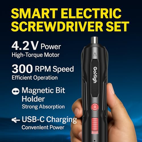 Image of GoHigh PowerPlus Electric Screwdriver - 32 Bits, 4.2V Cordless, 1Hour Fast Charge, Auto Torque, Magnetic Grip | Ideal for Furniture, Electronics & DIY | 1Year Warranty