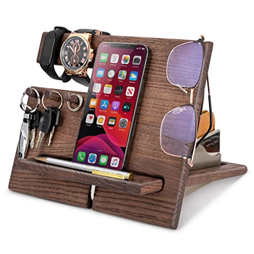 TESLYAR Schreibtisch Organizer Holz Eschenholz Wenge - Handy Ständer & Schlüssel Organizer mit 3 Haken für Büro Aufbewahrung & Organisation - Geschenke aus Holz für Männer Ideen