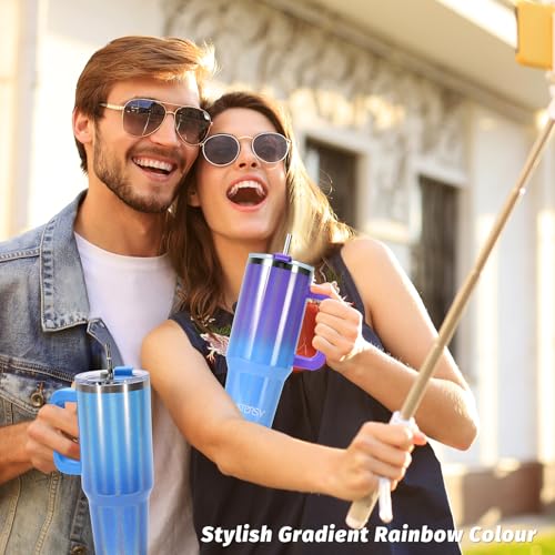 Image of 30 oz Shiny Tumbler with Handle and Straw,Stainless Steel Tumbler with Lid and Straw,Insulated Travel Mug(Cold for 34 Hours),Water Bottle for Iced Tea,Coffee (Blue)