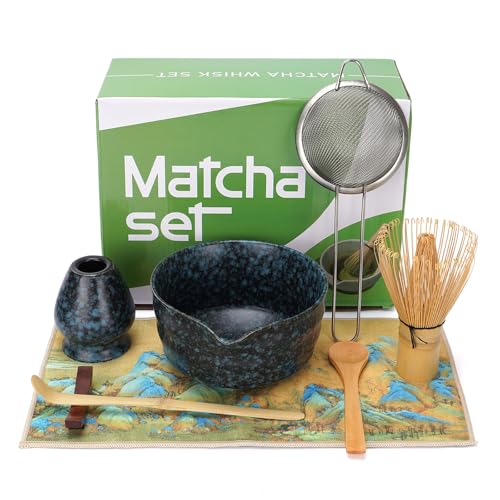 Matcha Whisk Set Green, 8pcs Matcha Kit for Ceremony, Matcha Bowl Set Include Matcha Whisk, Holder and Bowl, Matcha Tea Set for Making Breakfast, Latte, Tea Gifts for Matcha Lovers (Charcoal Black)