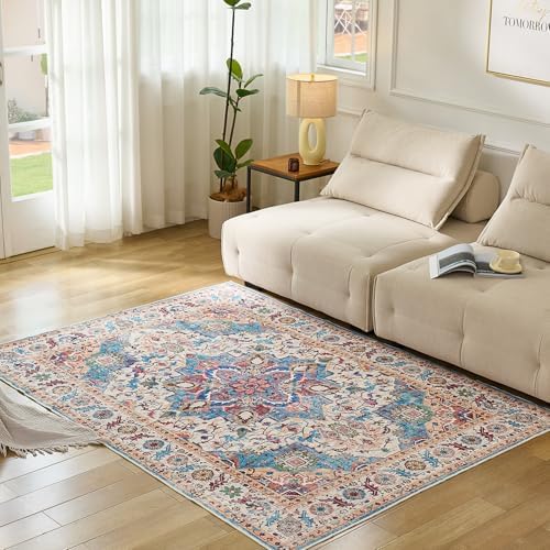 CWK Boho Washable 5x7 Area Rugs,Non-Slip Floor Carpet,Non-Shedding Floor Mat,Low Pile Doormat Soft Vintage Rug for Living Room Bedroom Dinning Room Laundry Home Office,Sunflower