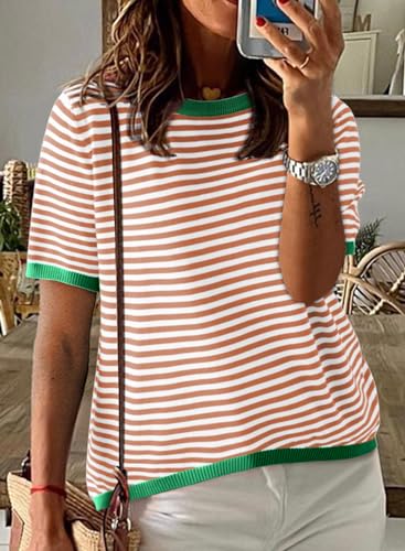 Image of Dokotoo Womens Tops 2026 Casual Summer Crewneck Short Sleeve Striped Color Block Knit High Low Trendy Pullover Sweaters