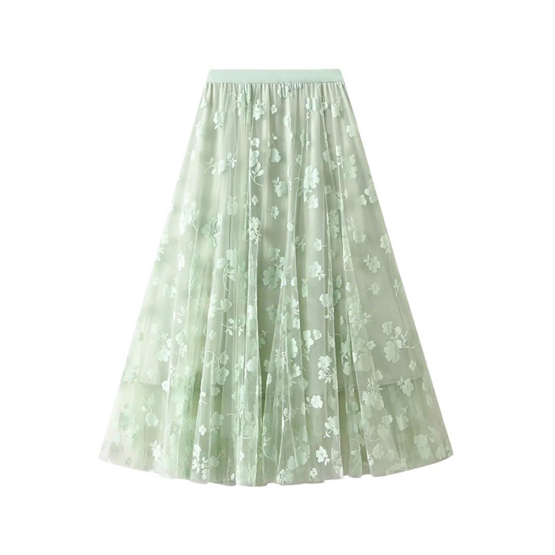 Women Trendy Plus Size French Mesh Splicing Flocking Large Hem Skirt ForWaist Slimming A Faldas Skirt Beige