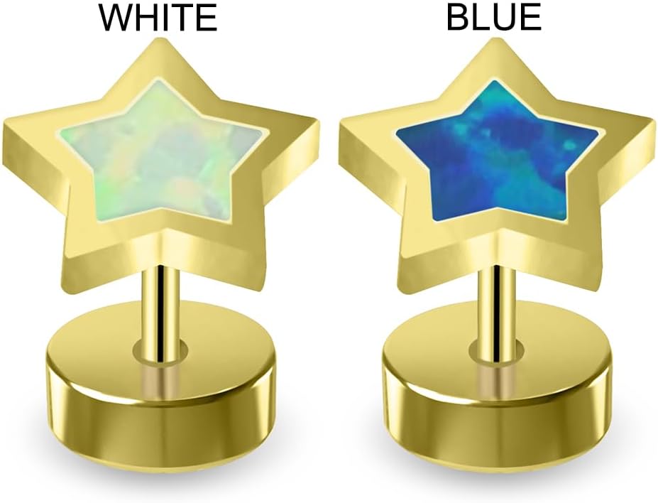 White Opal, Blue Opal Gold Anodized Star Top 16 Gauge 316L Surgical Steel Fake Ear Plug - Cheater Plug - Gauges Earring - Faux Body Piercing Jewelry
