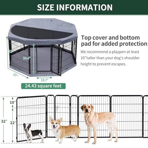 Image of PETIME Dog Playpen,Metal Exercise Puppy Pen Heavy Duty Kennels Yard Fence Indoor /Outdoor 27 inch W x 32 inch H 8 Panels Dog Cage with Octagon Top Cover and Bottom Pad