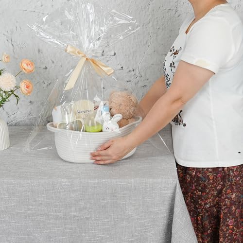 Image of Baby Gifts Basket Empty with Gifts Bag and Ribbon12 inchx8 inchx5 inch Gift Baskets to Fill Easter Baskets Birthday Baskets Small Woven Cotton Rope Basket Baby Toy Baske(white, regular)