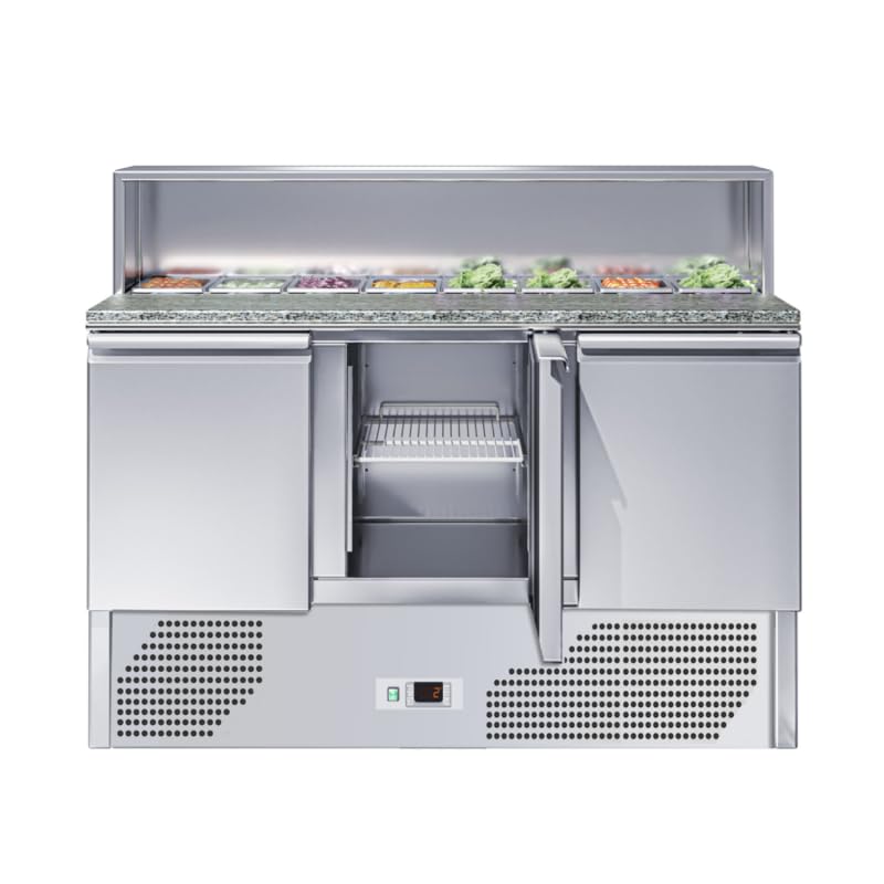 Torre de Pizza Refrigerada 3 Puertas – Encimera de Granito – Top con ingredientes GN 1/6 – 330L – Temperatura -2°/+8°C – Ideal para Pizzerías y Restauradores