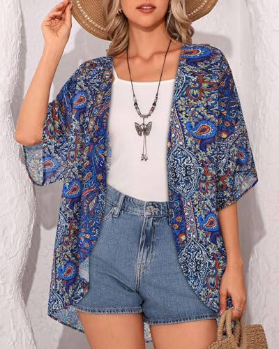 Image of Women's Floral Print Puff Sleeve Kimono Cardigan Loose Cover Up Casual Blouse Tops 2026