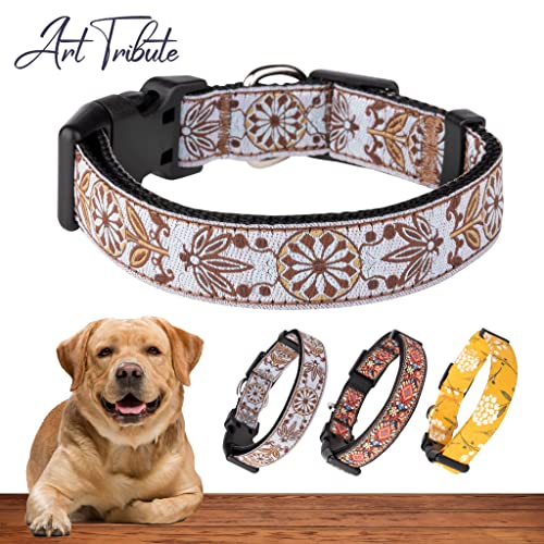 Dog Collars For Small Medium & Large Dogs -Designer Woven Patterns On Heavy Duty, Adjustable, Strong And Classic Collars For For Female & Male Pets With Quick-Release Plastic Buckle. White Dog Collar #TOP1