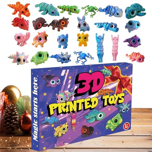 Calendario de cuenta regresiva de Navidad 24 días - 9,84 pulgadas 3D Animales articulados impresos | Calendario de Adviento de 24 días con lindas figuras flexibles Regalo de juego | para