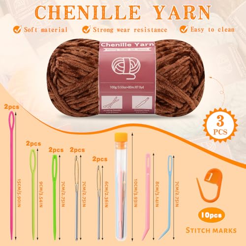Image of LUNARM Chenille Yarn 3 Pack 3.5oz Chunky Blanket Velvet Yarn 263 Yard | Brown Velvet Chunky Chenille Yarn for Beginners Crocheting Hand Knitting Scarves with Big Eye Needles Machine Washable