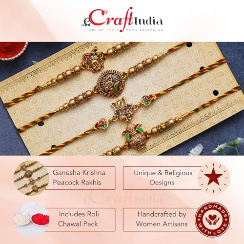 Image of eCraftIndia Set of 4 Lord Ganesha Peacock Krishna & Kalash Designer Rakhis for Brother Bhaiya Bhai | Roli Chawal Pack