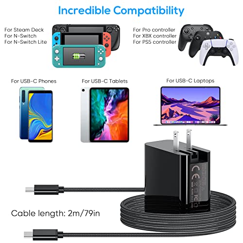 Fast Charger For Steam Deck & Nintendo Switch, Meneea 65W/45W Pd Foldable Power Adapter With 6.6Ft Usb-C Charging Cable Cord,Accessories For Steam Deck Tv Dock Console/Switch/Lite/Phone/Tablet/Laptop #TOP2