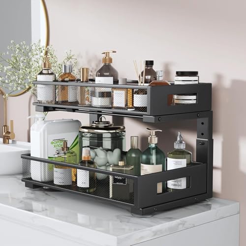 Image of 2 Packs 19IN Depth Under Sink Organizer, 2-Tier Pull Out Cabinet Organizer With Smooth Circular Rail, Large Capacity Metal Mesh Sliding Drawers For Bathroom& Kitchen Storage,Height Adjustable -Black