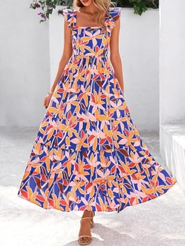 Image of 2025 Women's Summer Boho Floral Maxi Dress with Pockets - A-Line Smocked Tiered Ruffle Sleeveless Beach Sun Dress