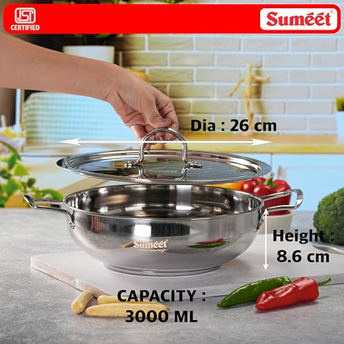 Image of Sumeet ISI Certified Stainless Steel Kadai with Steel Lid & Encapsulated Heavy Bottom |Induction and Gas Compatible | 3Ltr Capacity - 26cm Dia, Silver