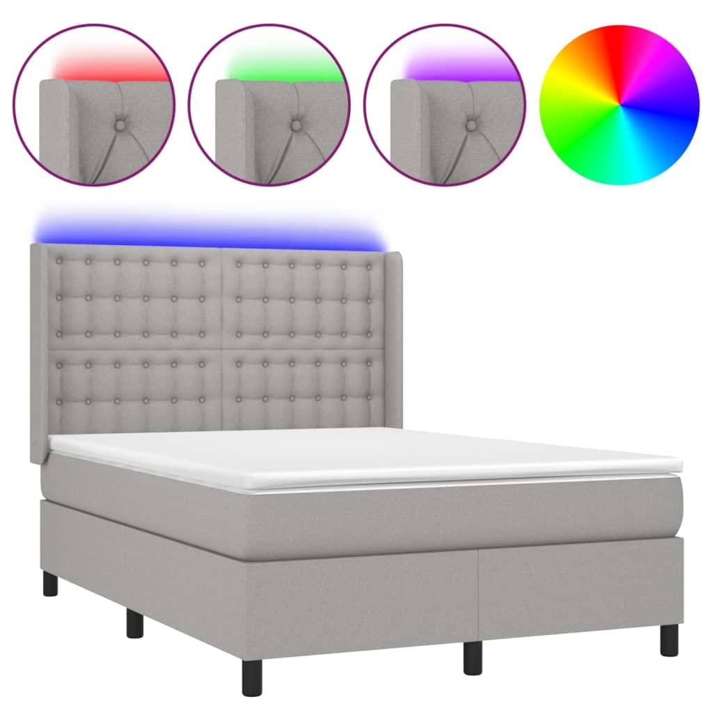tkanina z regulowanym zagłówkiem LED 140x200 szary | Łóżko kontynentalne z materacem 140x200 jasnoszare z zagłówkiem i LED, tkanina, sprężyny kieszeniowe, regulowana wysokość, do