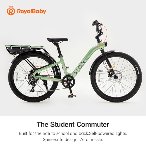 Image of RoyalBaby 24 Inch Kids School Bike for Boys Girls Ages 10-15, Lightweight Aluminum Frame, Shimano 7-Speed, Growing Handlebar, 25kg Rear Rack, Self-Powered Lights, Fenders