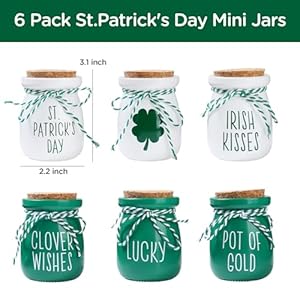 St. Patrick's Day Decorations - 6PCS Mini Glass Jars - Farmhouse St. Patrick's Day Decor for Home, Kitchen, Table, Fireplace Mantel St Patricks Day Decorations 6PCS Mini Glass Jars Farmhouse St Patricks Day Decor for Home Kitchen Table Fireplace Mantel