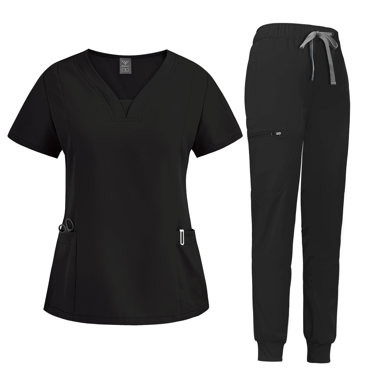 niaahinn Scrub Suit Set for Women Modern V-neck Top & Tapered Leg Jogger Pants with Drawstring Medical Nursing Uniforms Set (Black, L)