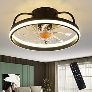 Mpayel Flush Mount Ceiling Fans with Lights and Remote Control，Modern Enclosed Bladeless,15” Low Profile Ceiling Fan with Stepless Dimming Lighting Fixture for Bedroom Kitchen（Black）……