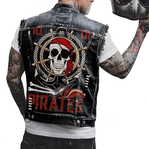 Distressed Denim Vest with Skull Biker Print Sleeveless Jean Jacket Casual Vintage Ripped Jeans Vests