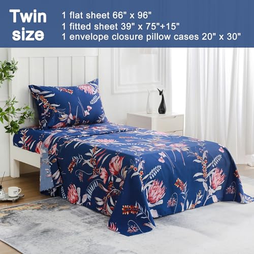 Image of JSD Navy Blue Tropical Floral Printed Sheet Set Twin Size | 3 Piece Soft Botanical Microfiber Sheets, 16 inch Extra Deep Pocket, OEKO-TEX Certified, Easy Care