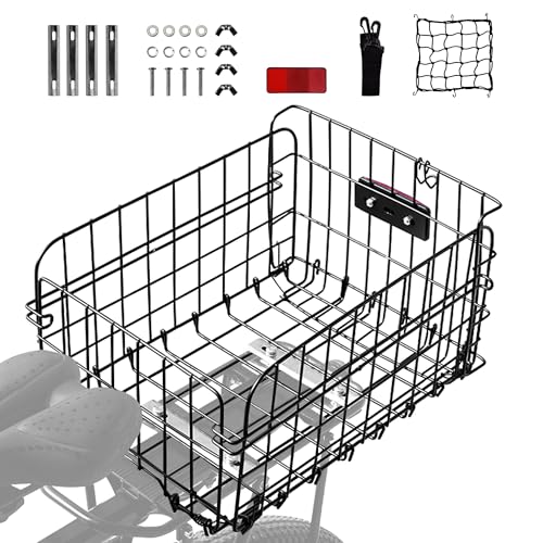 Aikolesa Bike Basket Rear for Adult Bikes Large Rear Bike Basket Capacity with Reflective Light Foldable Metal Wire Cover Bicycle Baskets Back Rack for Bike Rear Cargo Rack Ebike Cruiser