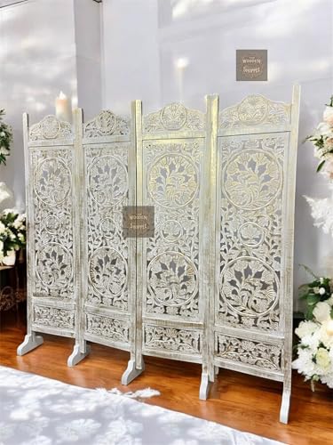 Image of Wooden Room Partition and Folding Privacy Screens for Bedroom Home Office Room Divider Room Partition (6 Feet 4 Panel Each Panel Size 72X20 Inch Golden Shading with Stand