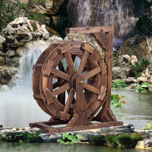 Brunnen mit Wasserrad aus Holz mit Pumpe und Ständer für Garten, Terrasse, Teich, Pool und Außenbereiche