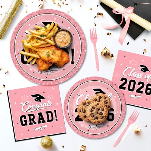 Image of QZYL 200Pcs Pink Graduation Supplies Set, Grad Plates, Napkins, Dessert Plates and Plastic Forks for 50 Guests, Disposable Graduation Party Supplies, Grad tableware for 2026 School Ceremony