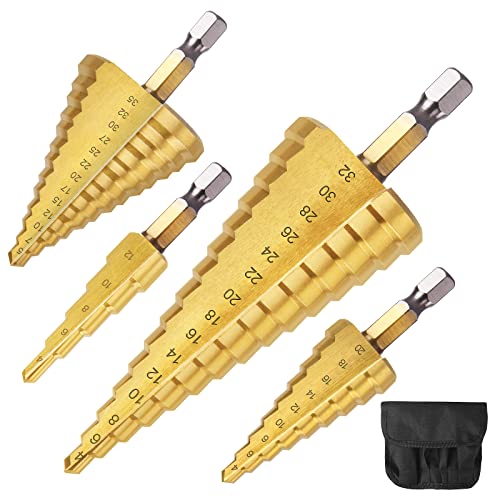 flintronic 4PCS Foret Étagé Métal, 4-32, 4-20, 4-12, 5-35mm Fraise Etage Metal Triangle Conique Titane HSS, Meche Etage Tige à Hexagone pour Métal Acier, Bois,...