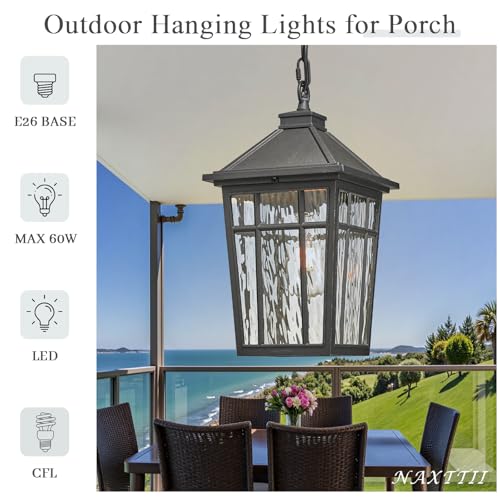 Image of Large Outdoor Pendant Lights for Porch 15.2 Inch Dusk to Dawn Black Hanging Porch Lights Outdoor Waterproof Exterior Hanging Light Fixture with Adjustable Chain E26 Socket