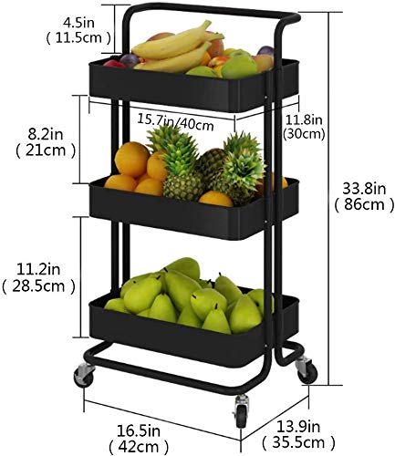 Image of 3 Tier Rolling Utility Cart with Wheels and Handle, Heavy Duty Mobile Kitchen Storage Cart Craft Cart Storage Trolley for Kitchen, Bathroom, Office Organization, Easy Assembly