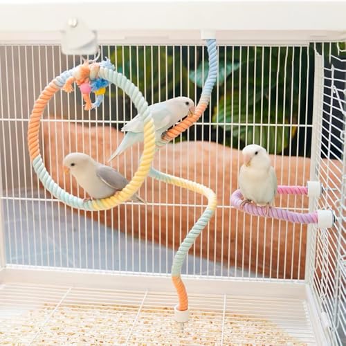 Image of 3 Pcs Bird Perch Rope Stand & Swing Ring Set Climbing Rope Playing Toys for Bird Cages Colorful Stand Perches for Parrots Lovebird Cockatiels