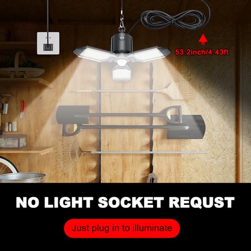 Image of Plug in Led Garage Light Motion Sensor 80W 8000LM 1Pack | Motion Sensor Lights Indoor, Motion Activated, Dusk to Dawn, 3 Deformable Hanging Shop Bulb for Basement, Warehouse, Barn